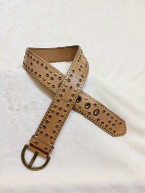 Vintage Coach Tan Leather Studded Waist Belt with Brass-Tone Buckle